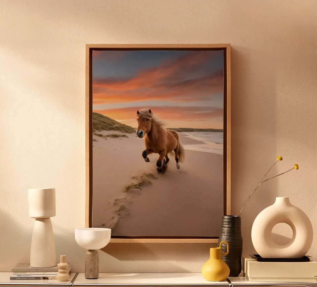 Shetty am Strand canvas met Baklijst van Poster Dreams
