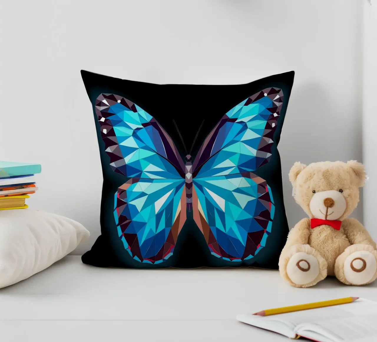 luminous morpho butterfly on a black background decorative cushion by namosh