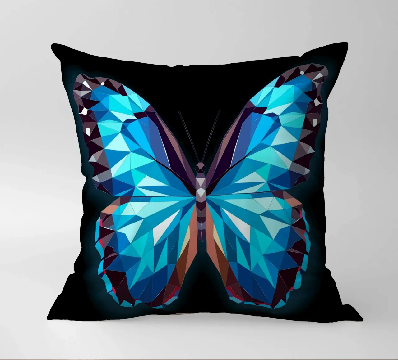 luminous morpho butterfly on a black background decorative cushion by namosh
