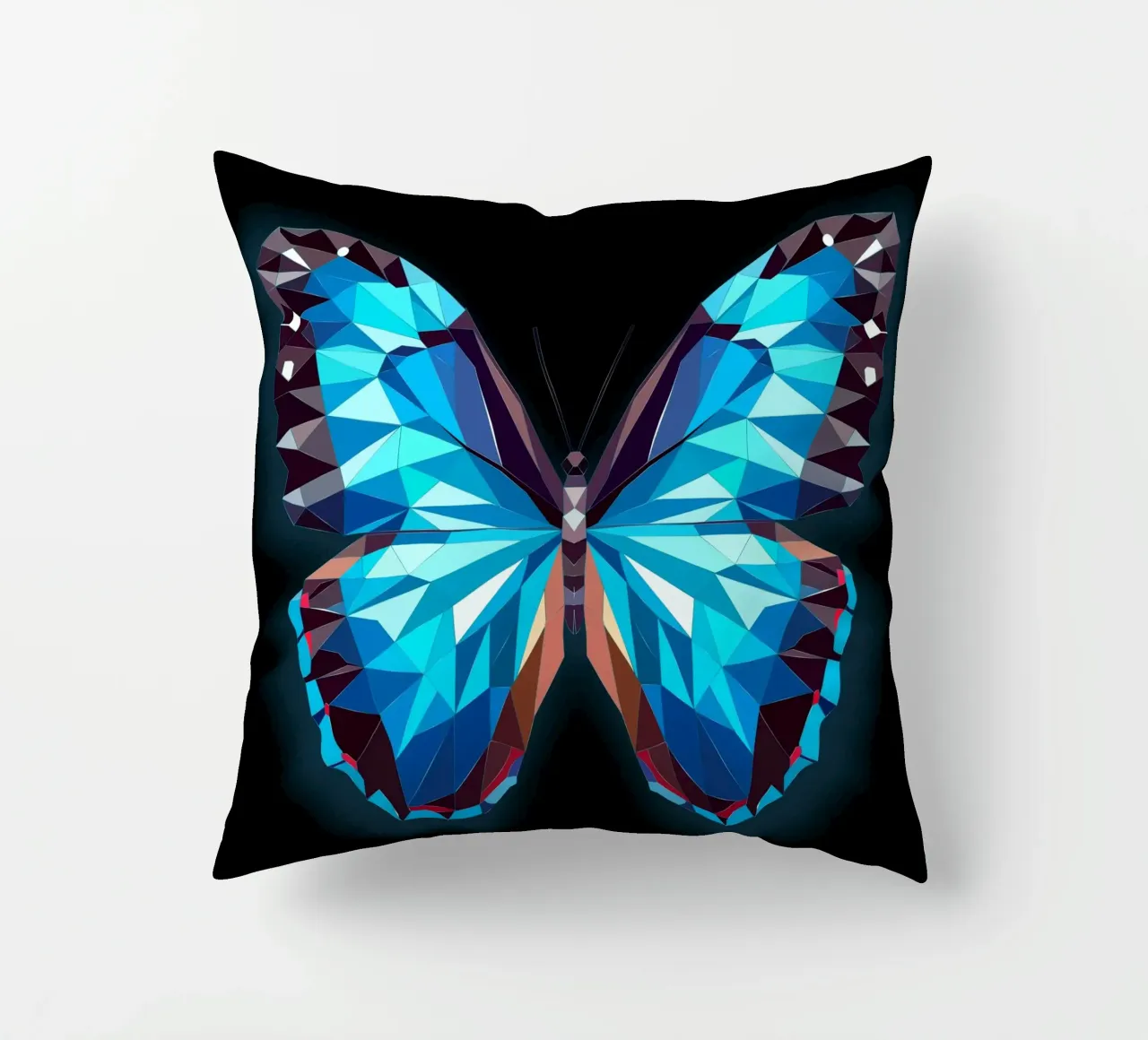 luminous morpho butterfly on a black background decorative cushion by namosh