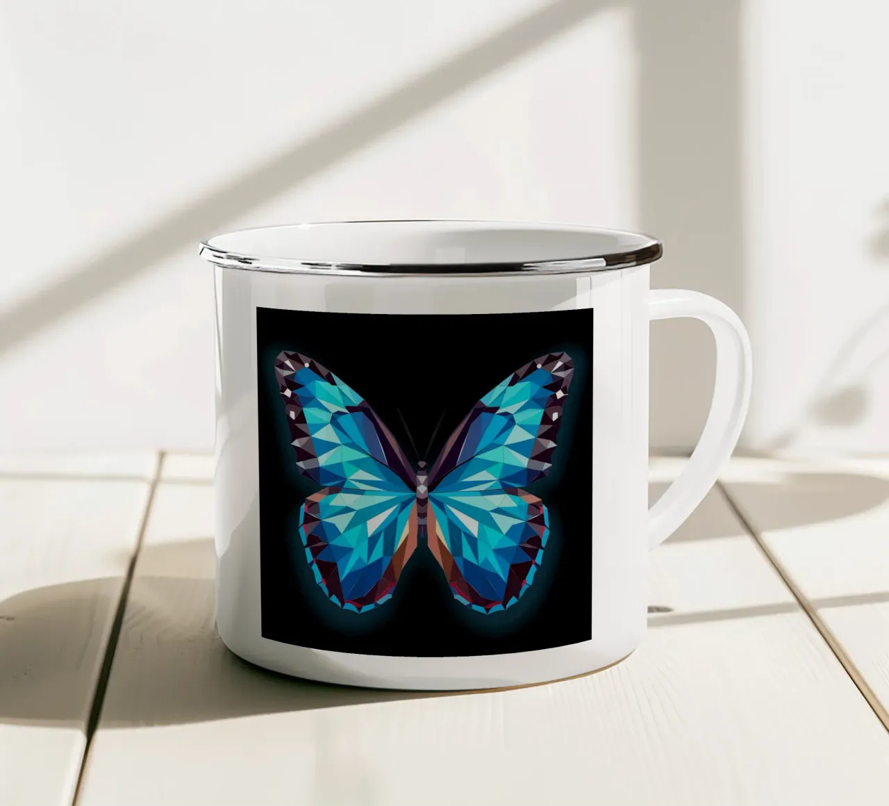 farfalla morpho luminosa su sfondo nero tazza in smalto da namosh