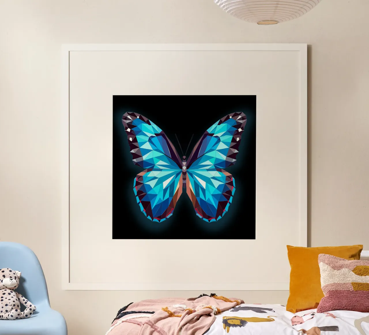 farfalla morpho luminosa su sfondo nero poster con telaio in alluminio da namosh