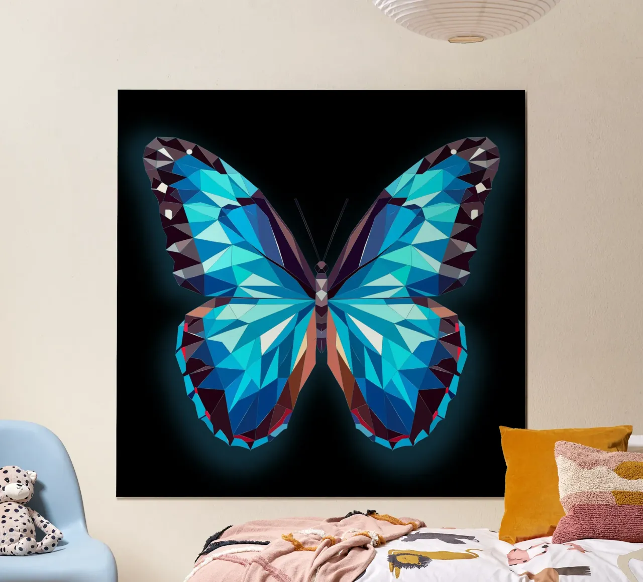 farfalla morpho luminosa su sfondo nero poster con telaio in alluminio da namosh