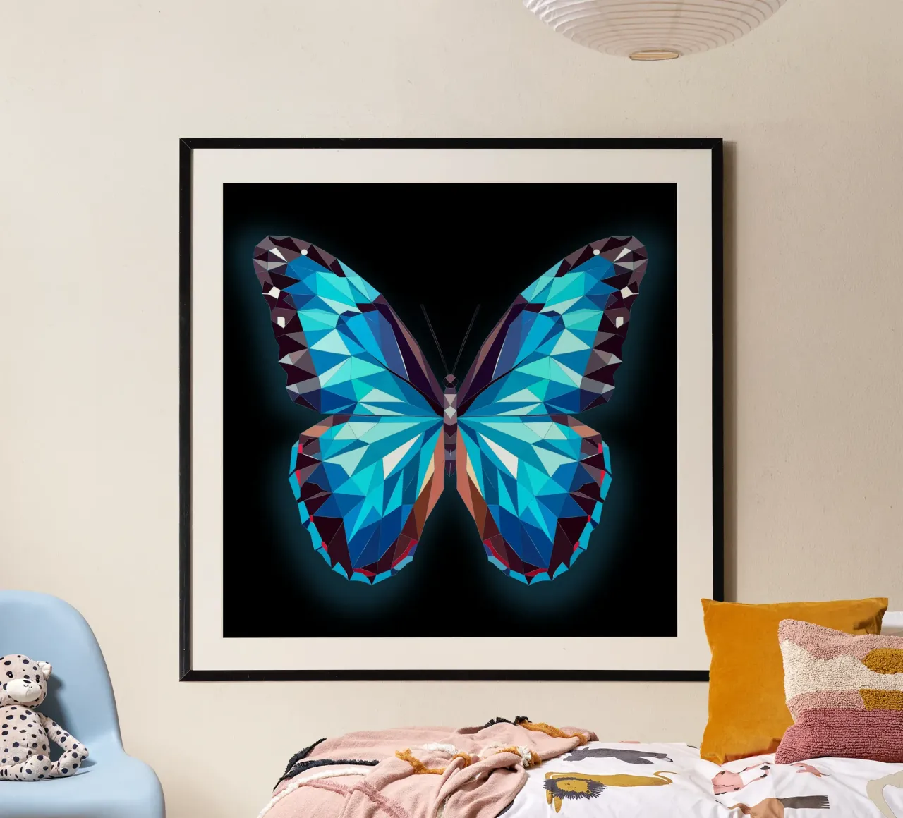 farfalla morpho luminosa su sfondo nero poster con telaio in alluminio da namosh