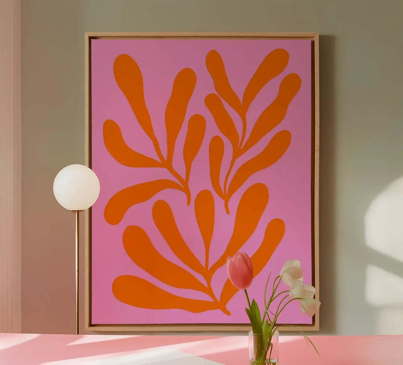 Rami colorati - arancio e rosa tela con Cornice a cassetta da Wackapacka