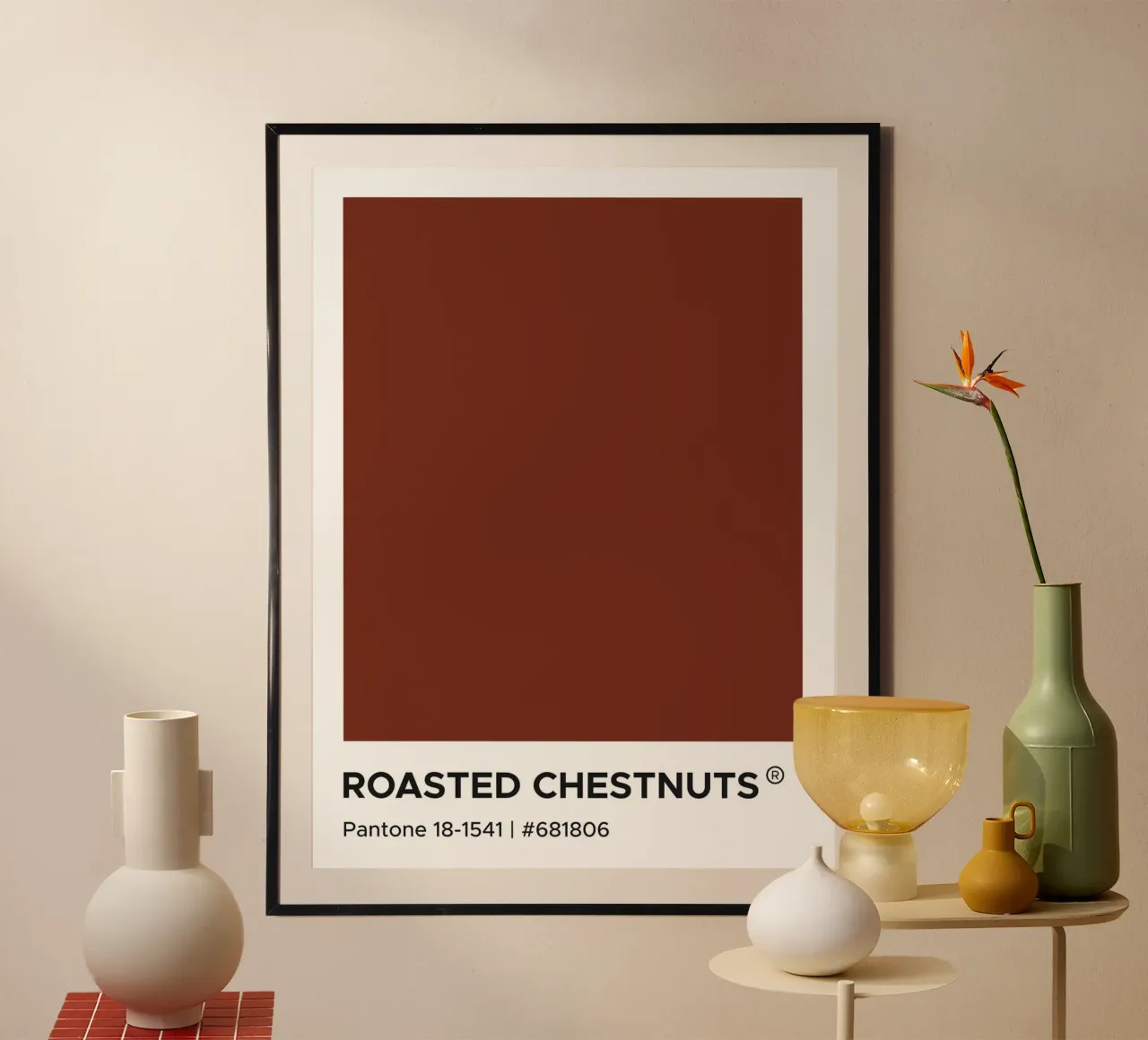Castagne arrostite Pantone poster con telaio in legno da Paigaam Studio