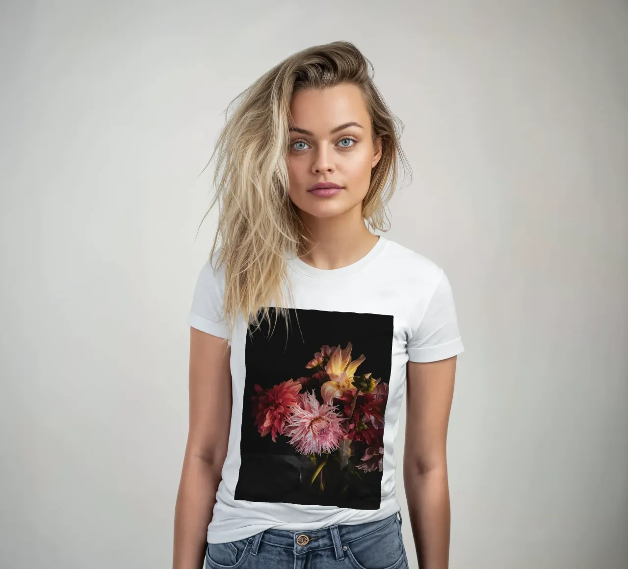 Moody Dahlia Bouquet women's fitted t-shirt by flowers.and.delight