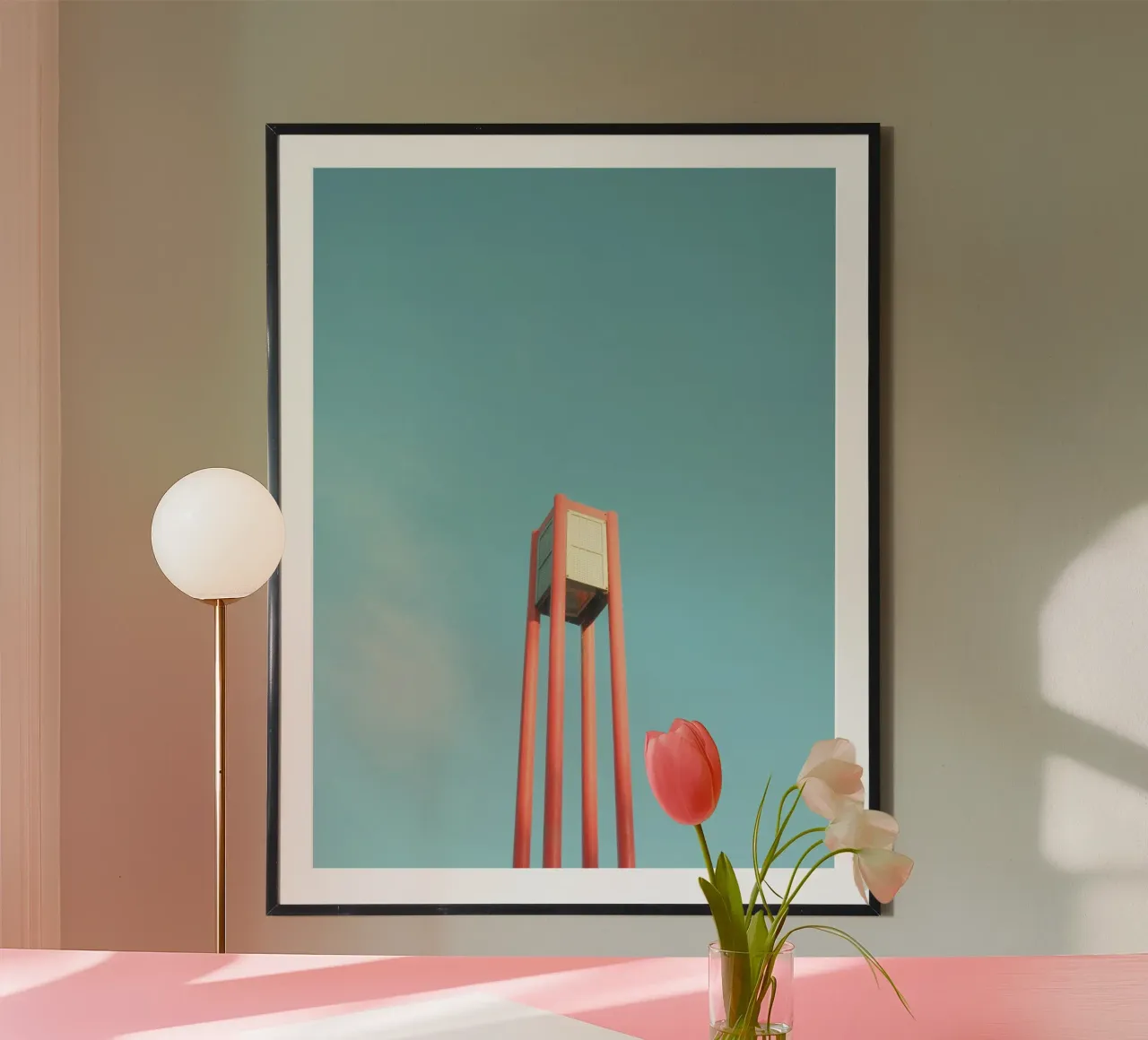 Urban Lamp Under Blue Skies poster with wooden frame by FujiPrints