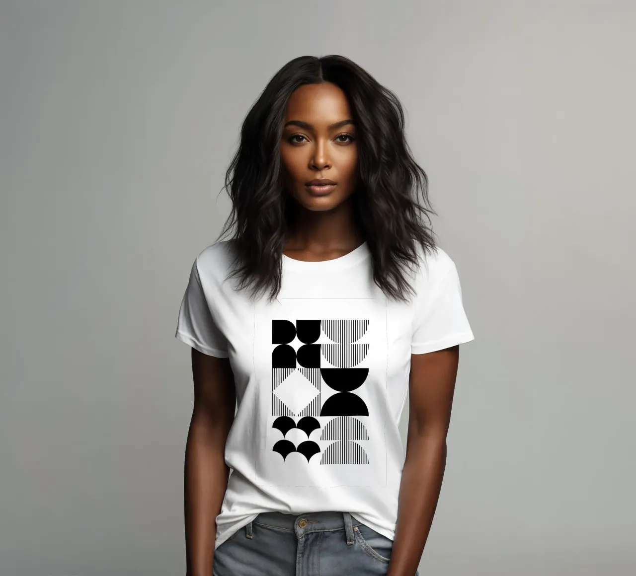 Bauhaus Geometric Abstract Black White Pattern Print (imprimé géométrique abstrait noir et blanc) t-shirt ajusté pour femmes de NorwesClub