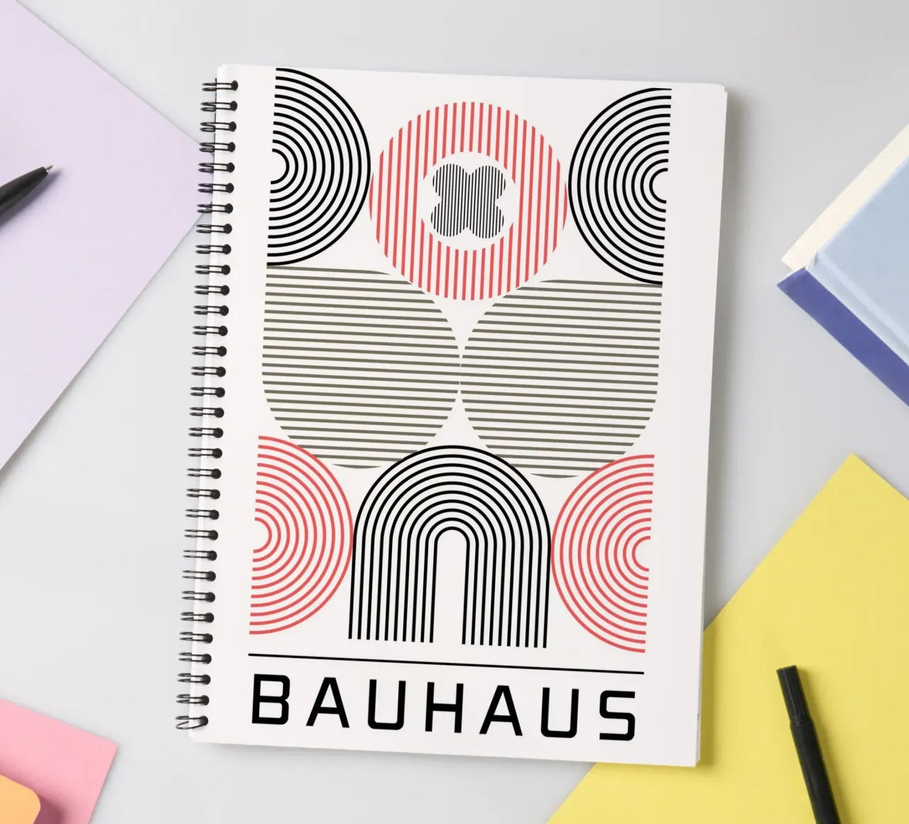 Bauhaus Géométrique Abstrait Cercles Rayures Impression carnet à spirale de NorwesClub