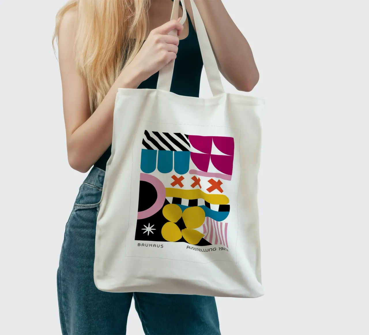 Mostra Bauhaus 1923 Design geometrico a colori borsa in juta da NorwesClub