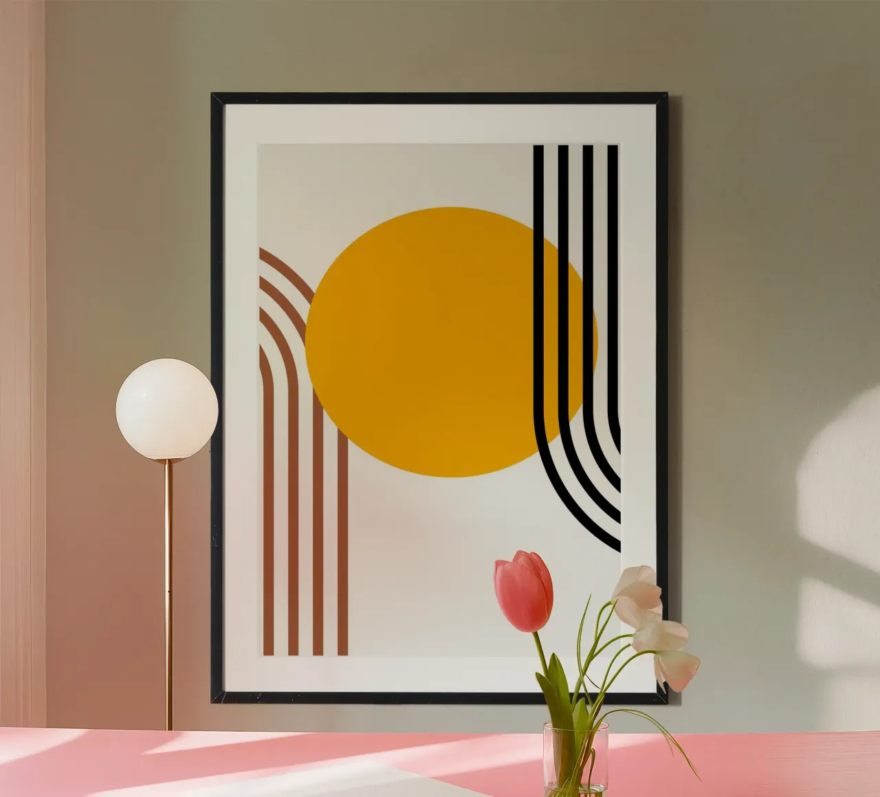 Geometric Abstract Curves Shapes Color Print (Géométrique, abstrait, courbes, formes, couleurs) poster avec cadre en bois de NorwesClub