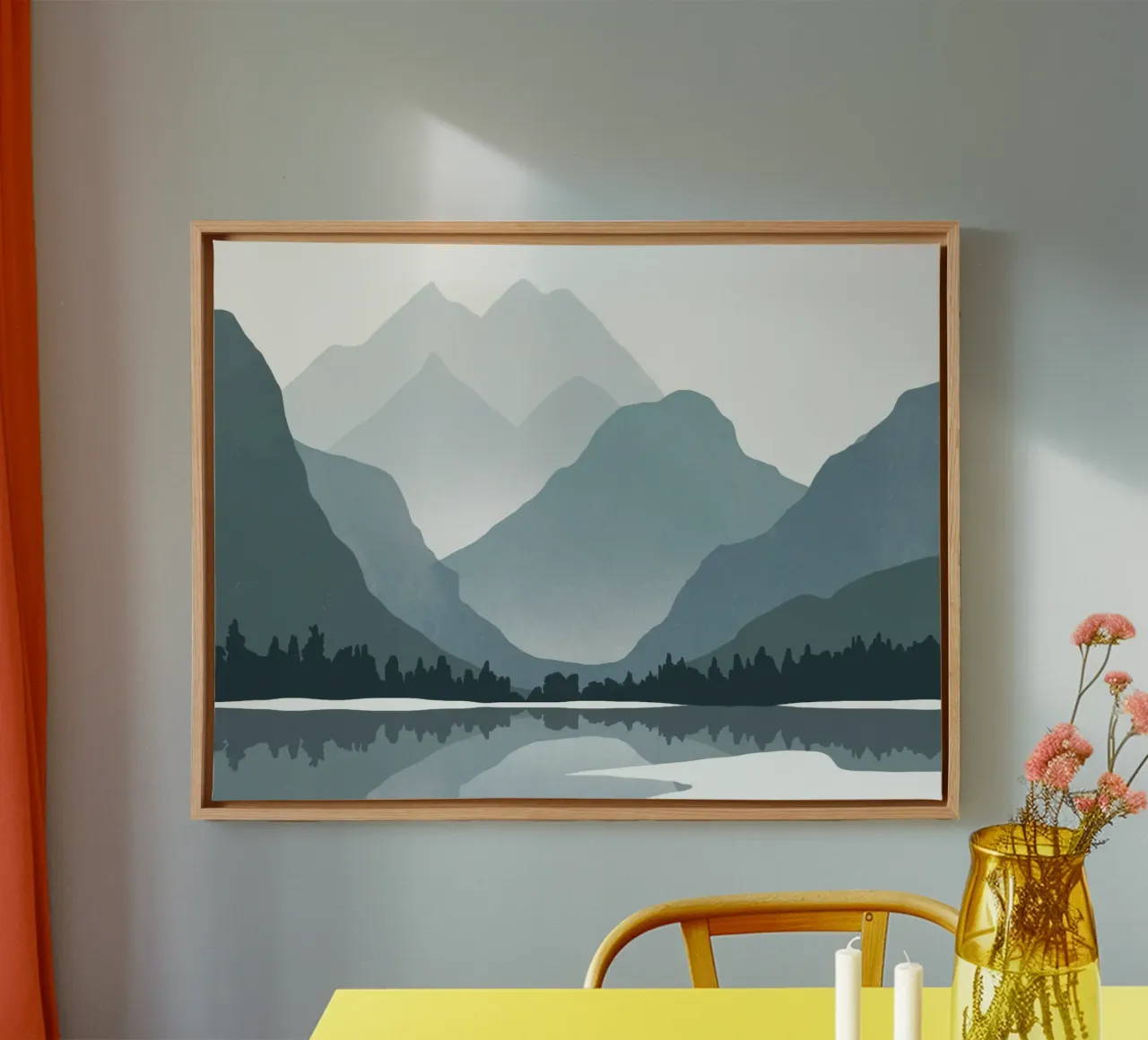Nordic landscape reflection canvas with Floater frame by Little Dean