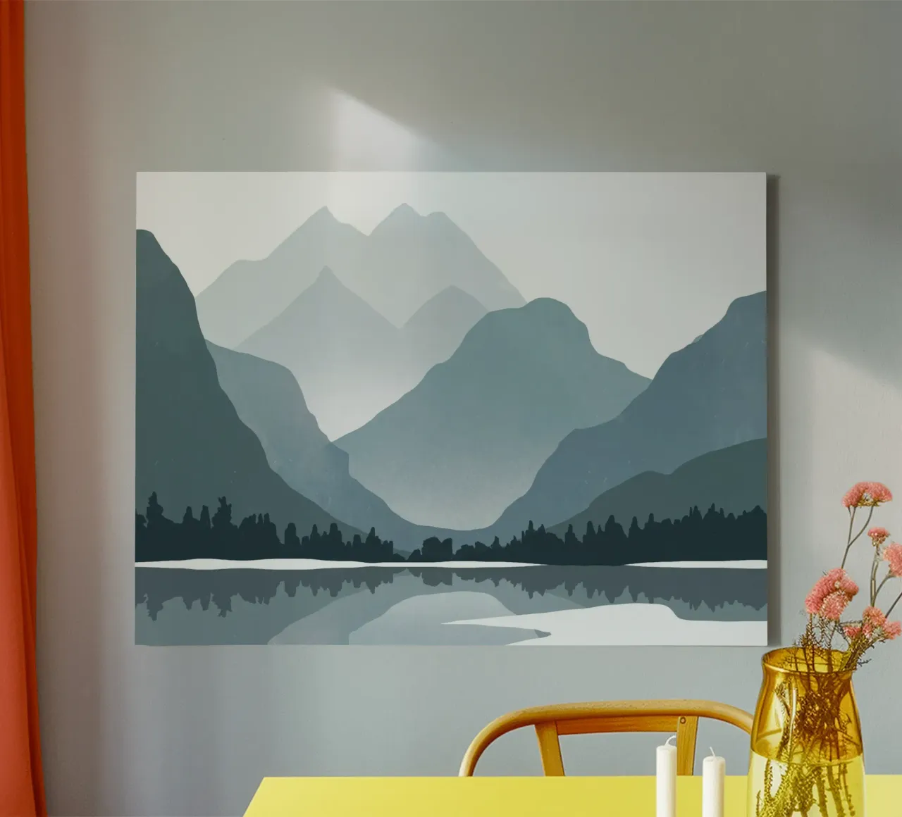 Nordic landscape reflection canvas with Floater frame by Little Dean