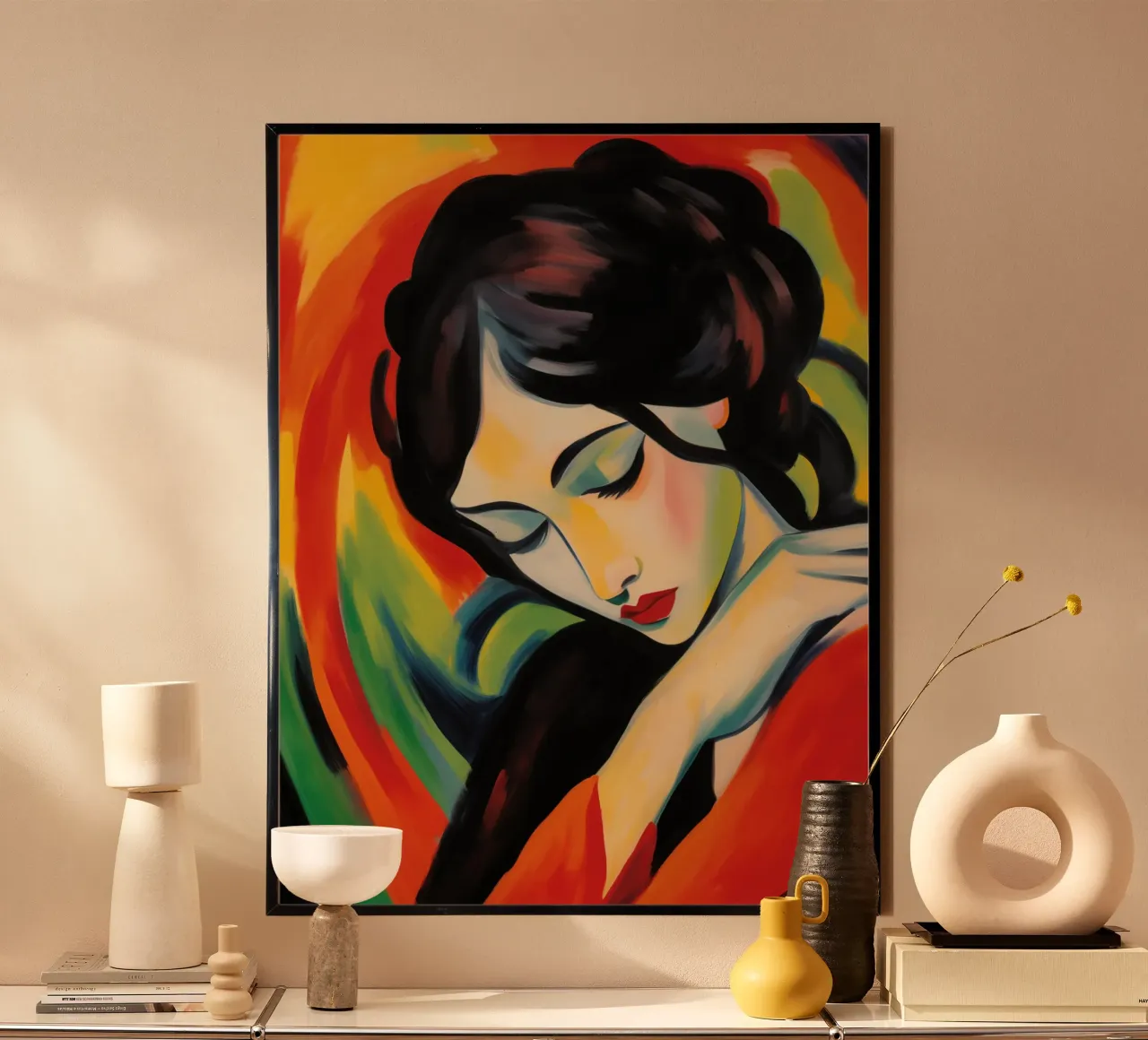 Ritratto moderno di una donna | Pittura fauvista colorata poster con telaio in plastica da Autofocus