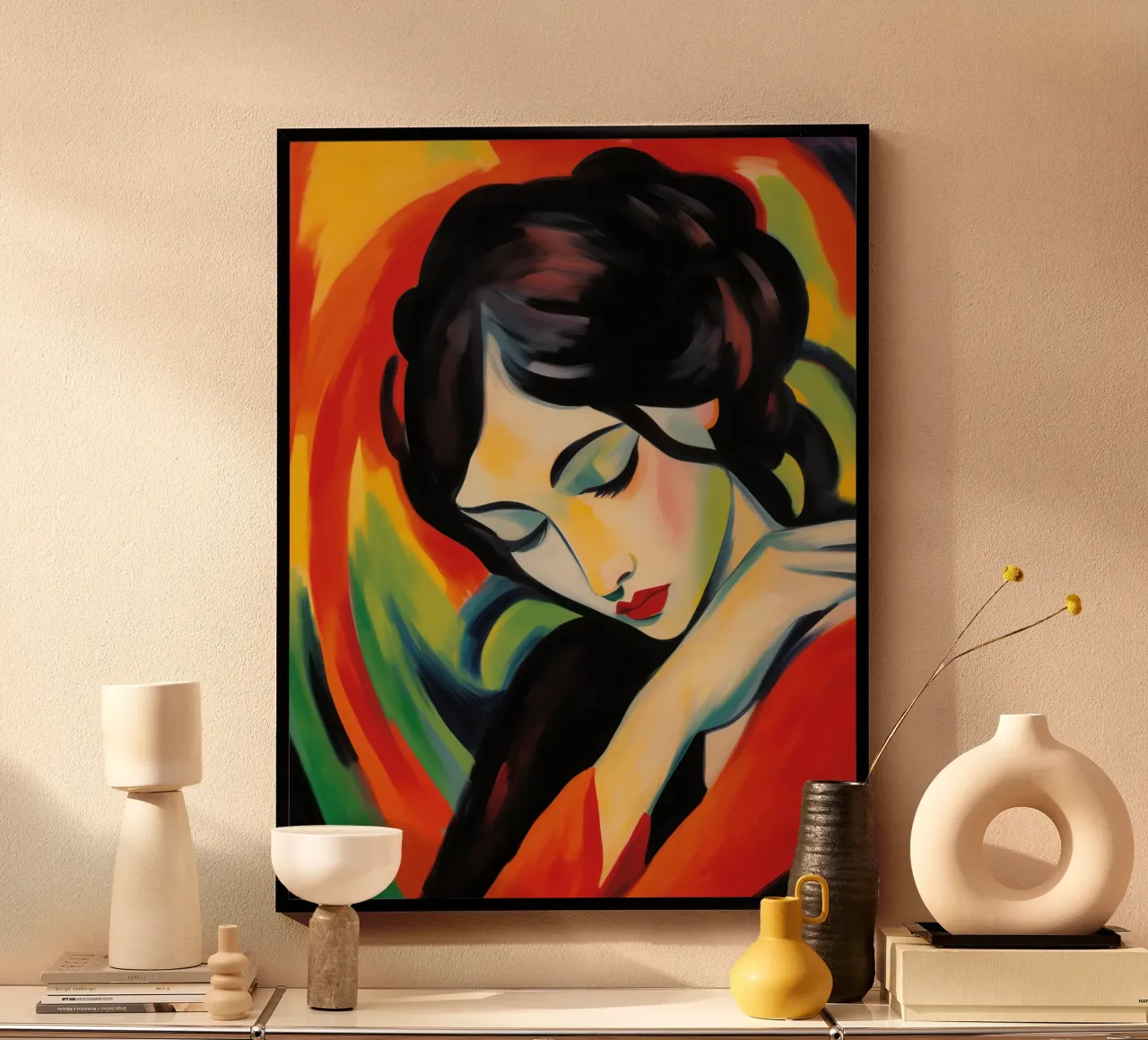 Ritratto moderno di una donna | Pittura fauvista colorata poster con telaio in plastica da Autofocus