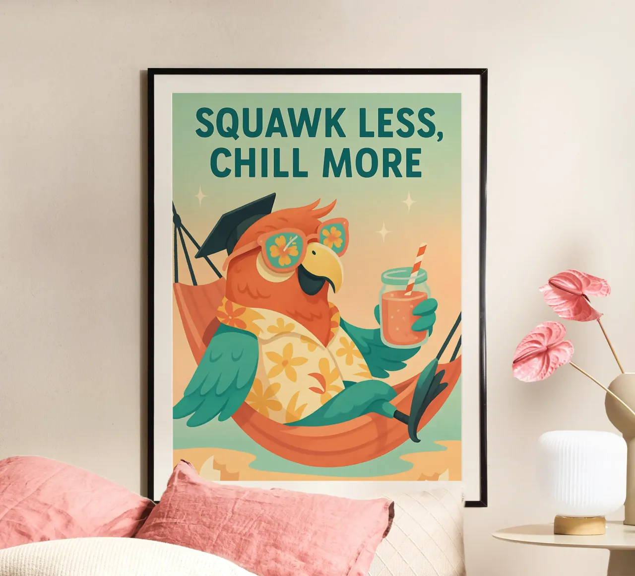 Meme divertente sul pappagallo poster con telaio in legno da Funny Humor Art