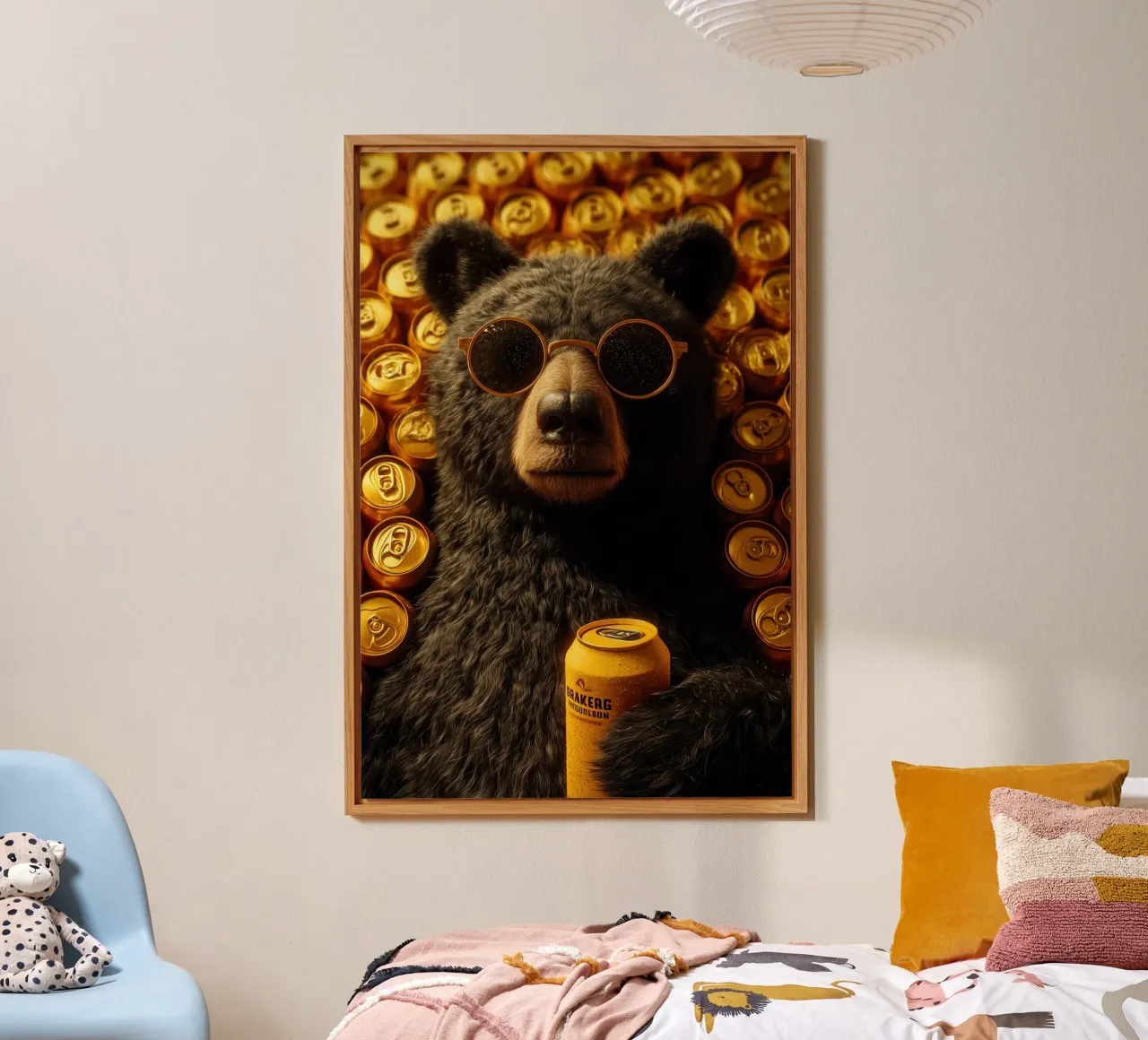 Orso con occhiali da sole in una cantina di birra | Poster del buon umore alluminio dibond da Autofocus
