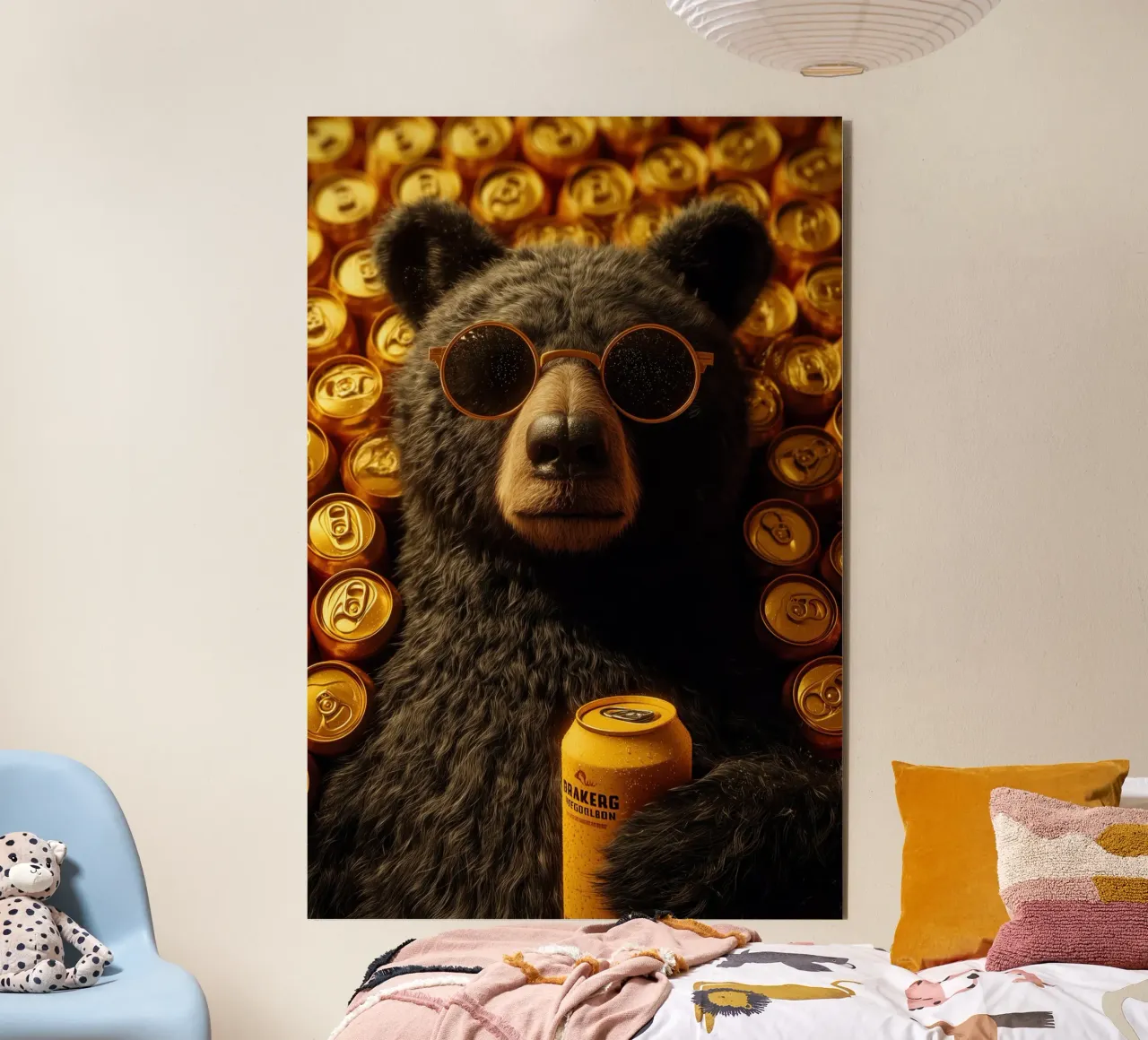 Orso con occhiali da sole in una cantina di birra | Poster del buon umore alluminio dibond da Autofocus