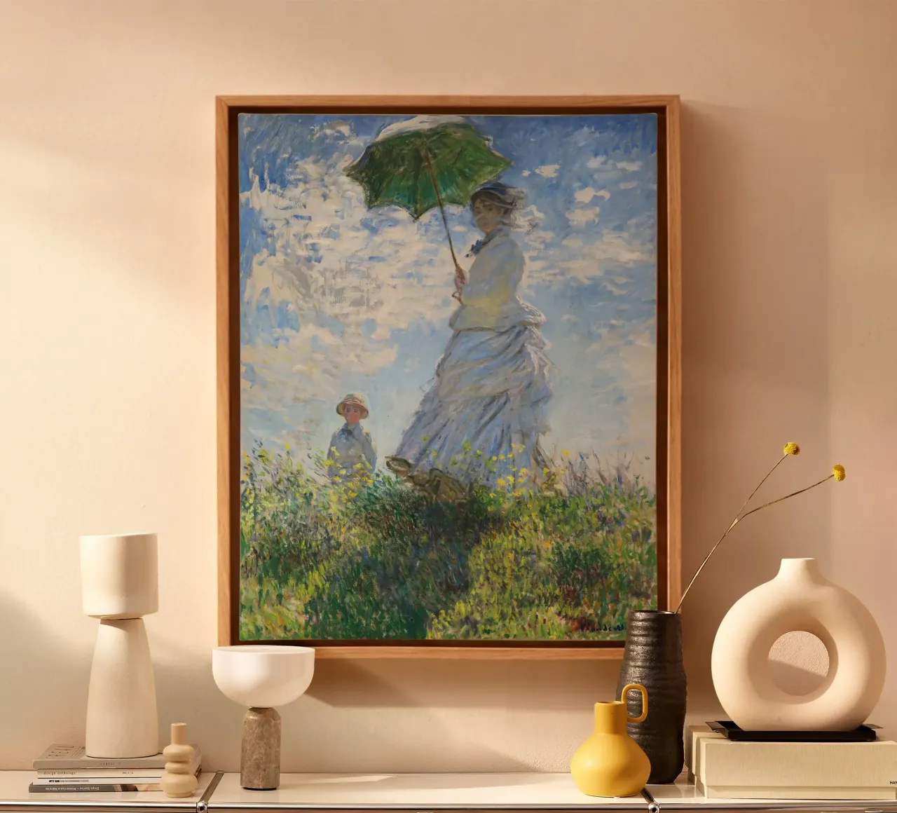 Claude Monet Donna con ombrellino -Madame Monet e suo figlio tela con Cornice a cassetta da Monet Art Prints