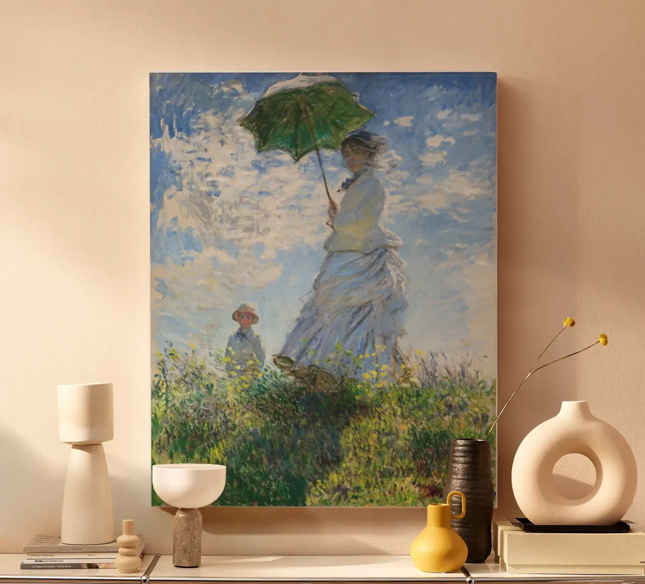 Claude Monet Donna con ombrellino -Madame Monet e suo figlio tela con Cornice a cassetta da Monet Art Prints