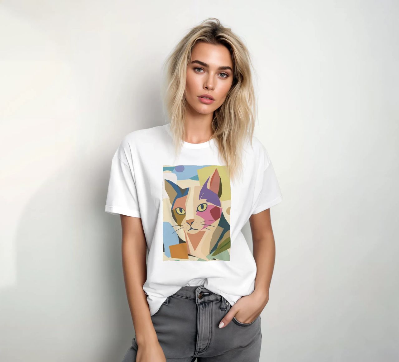 Abstract cat in a modern colour block design t-shirt by namosh