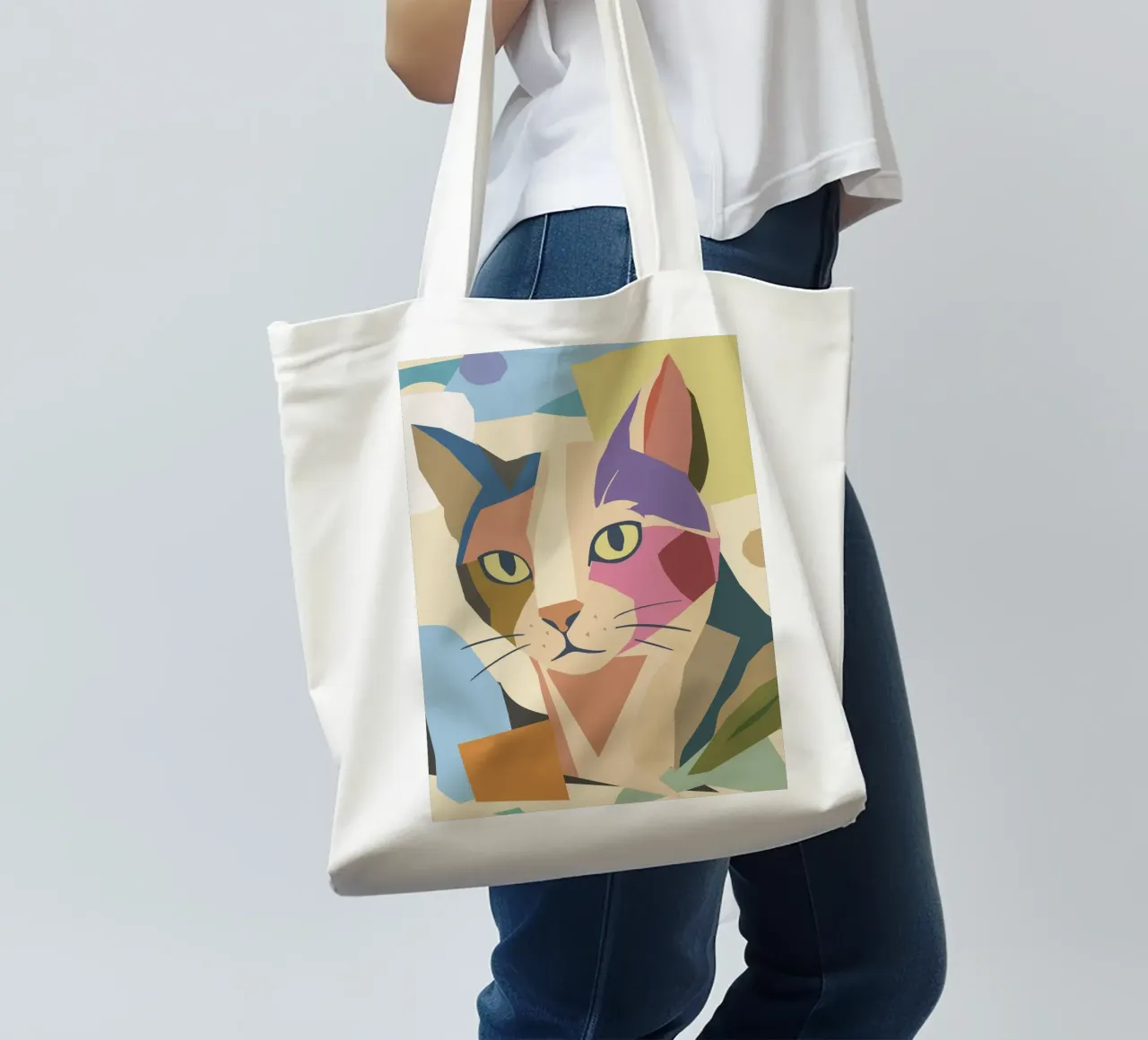 Abstract cat in a modern colour block design tote bag by namosh