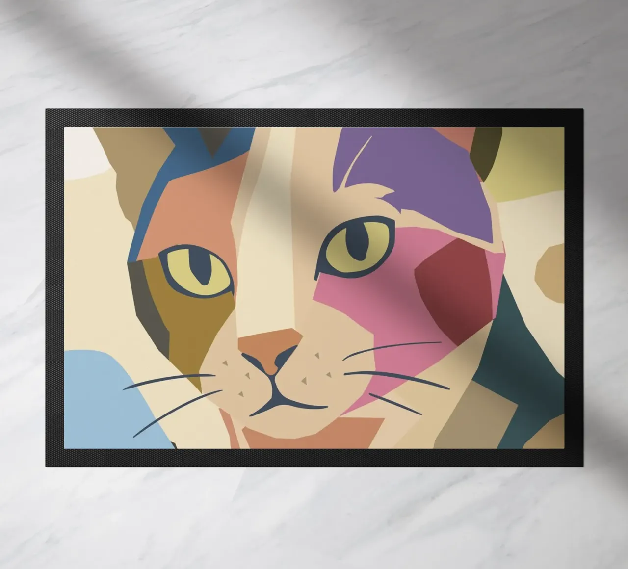 Abstract cat in a modern colour block design doormat by namosh