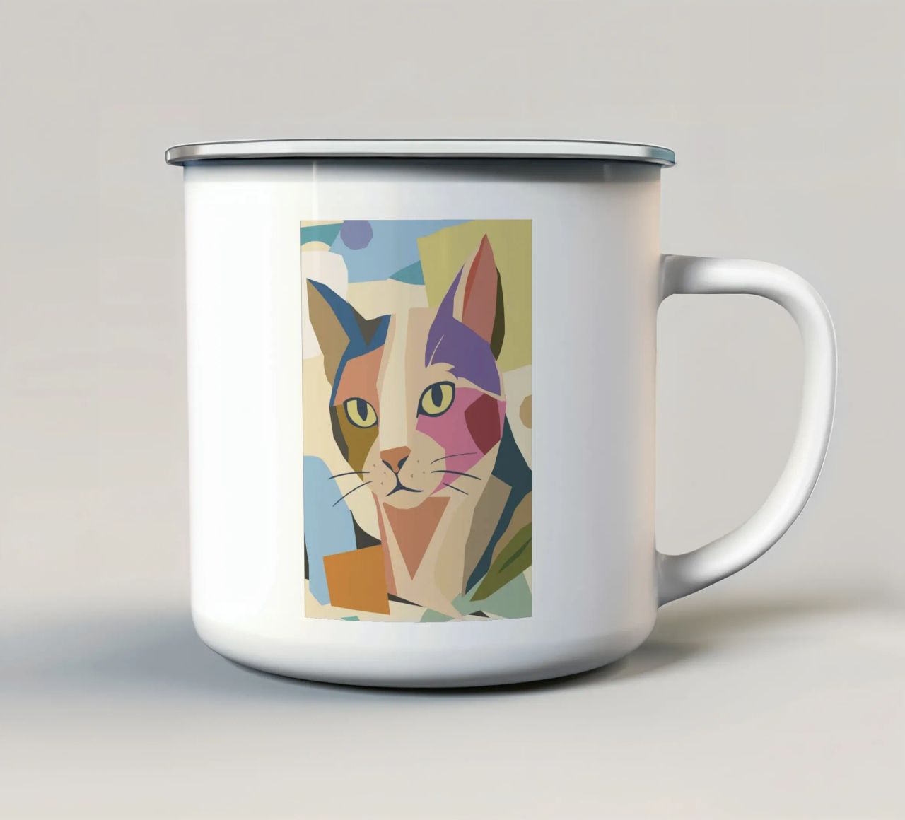 Abstract cat in a modern colour block design enamel mug by namosh