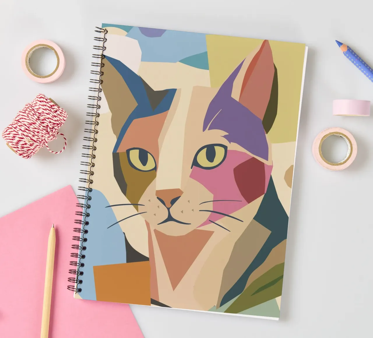 Abstract cat in a modern colour block design spiral notebook by namosh