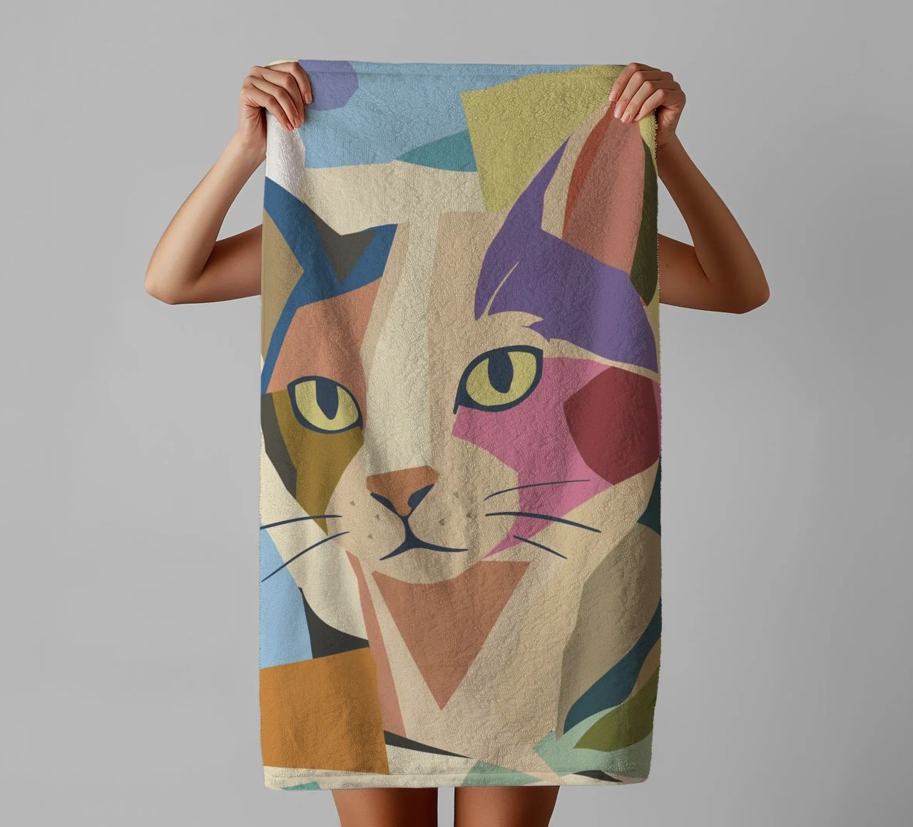 Abstract cat in a modern colour block design towel by namosh