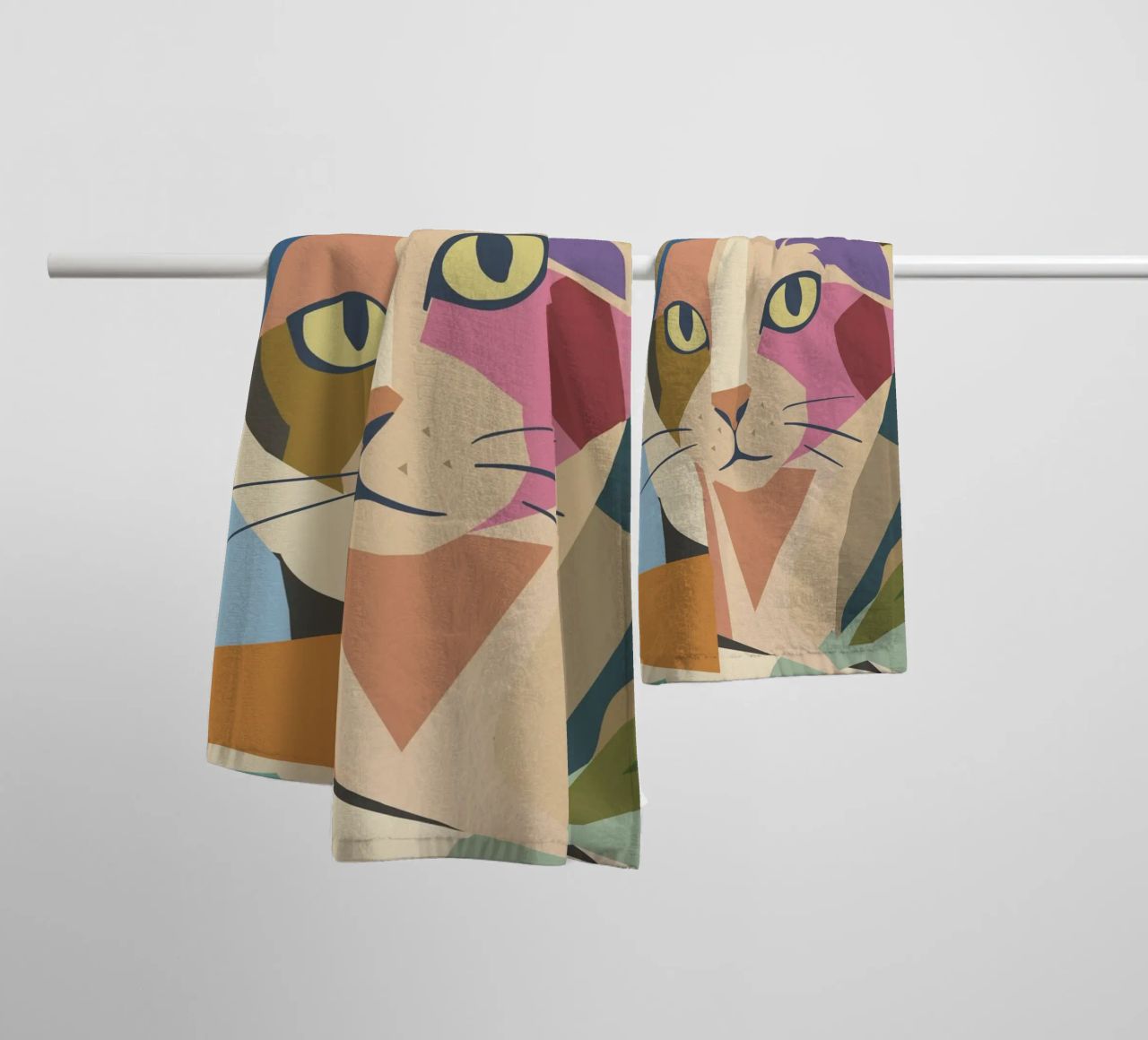 Abstract cat in a modern colour block design towel by namosh