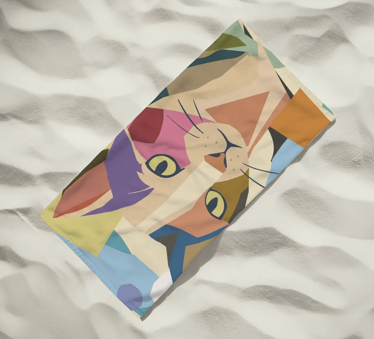 Abstract cat in a modern colour block design beach towel by namosh