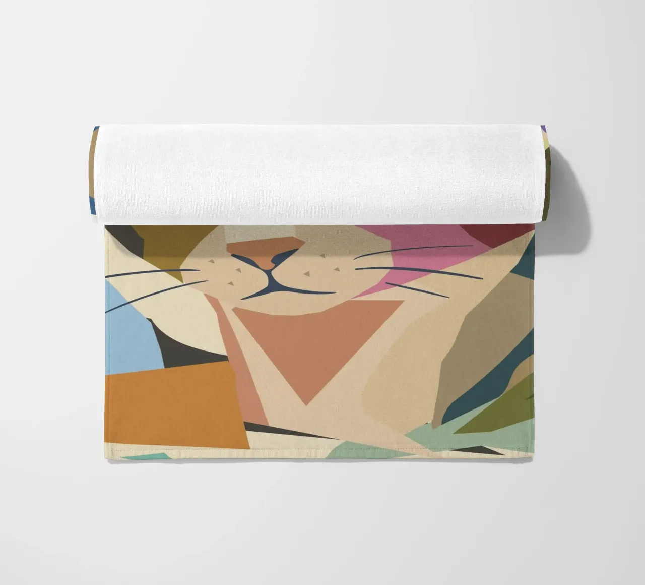 Abstract cat in a modern colour block design beach towel by namosh
