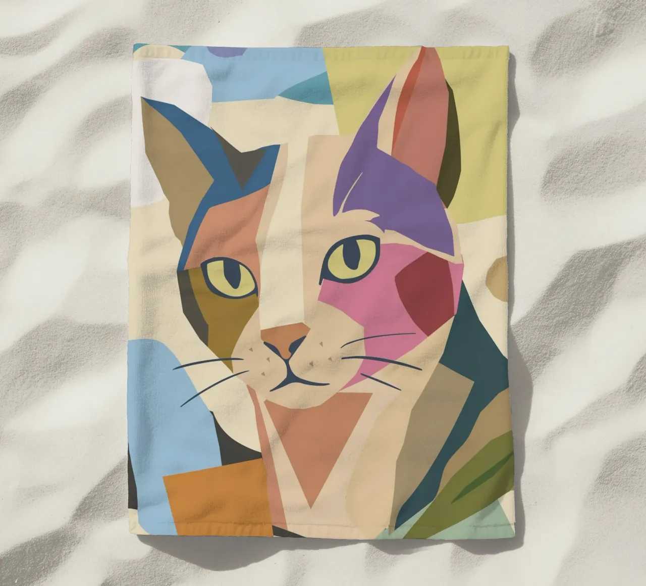 Abstract cat in a modern colour block design beach towel by namosh