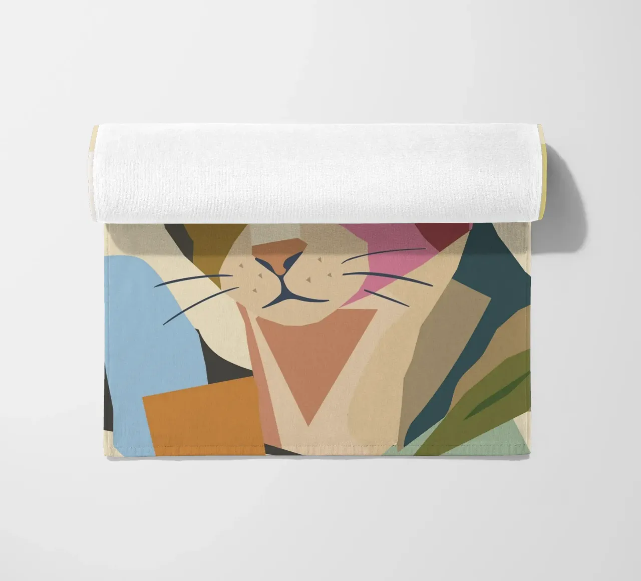 Abstract cat in a modern colour block design beach towel by namosh