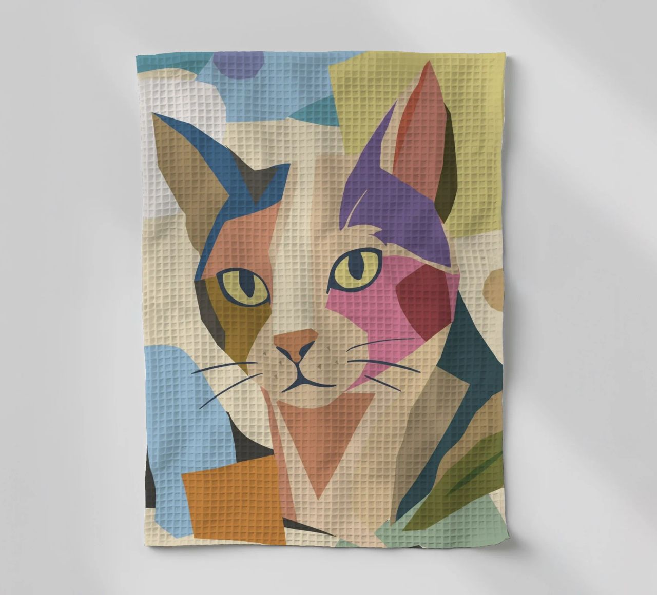 Abstract cat in a modern colour block design tea towel by namosh