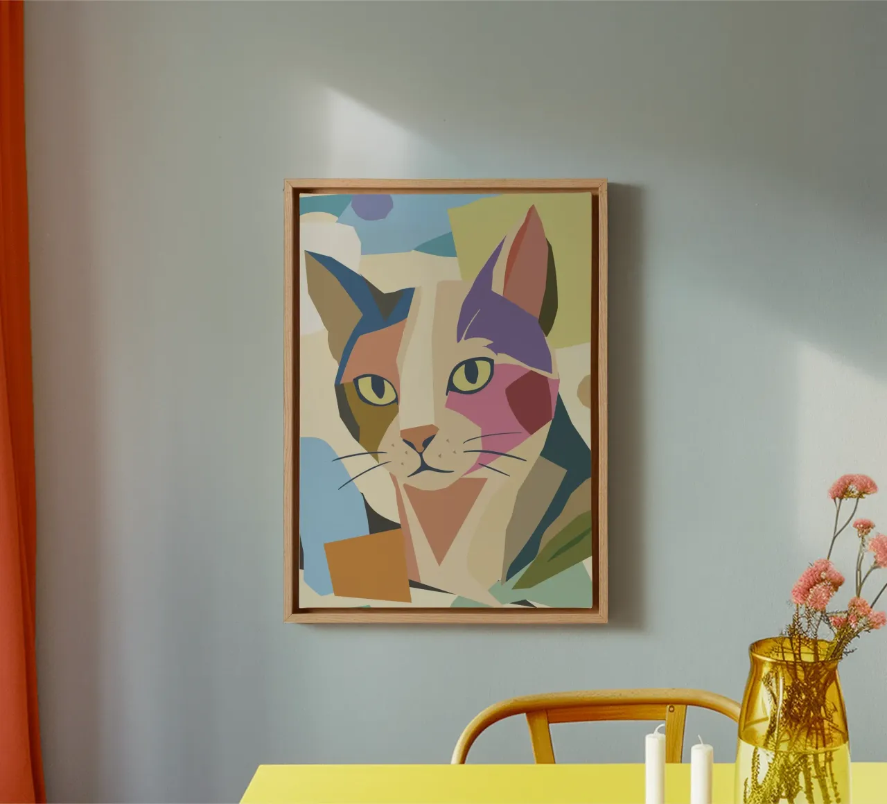 Abstract cat in a modern colour block design canvas with Floater frame by namosh