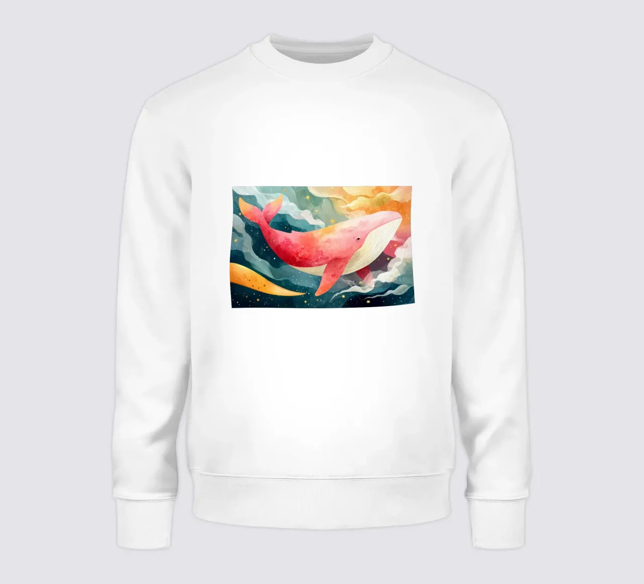 Ballena rosa de ensueño flotando en un cielo estrellado sudadera de Modern Muse