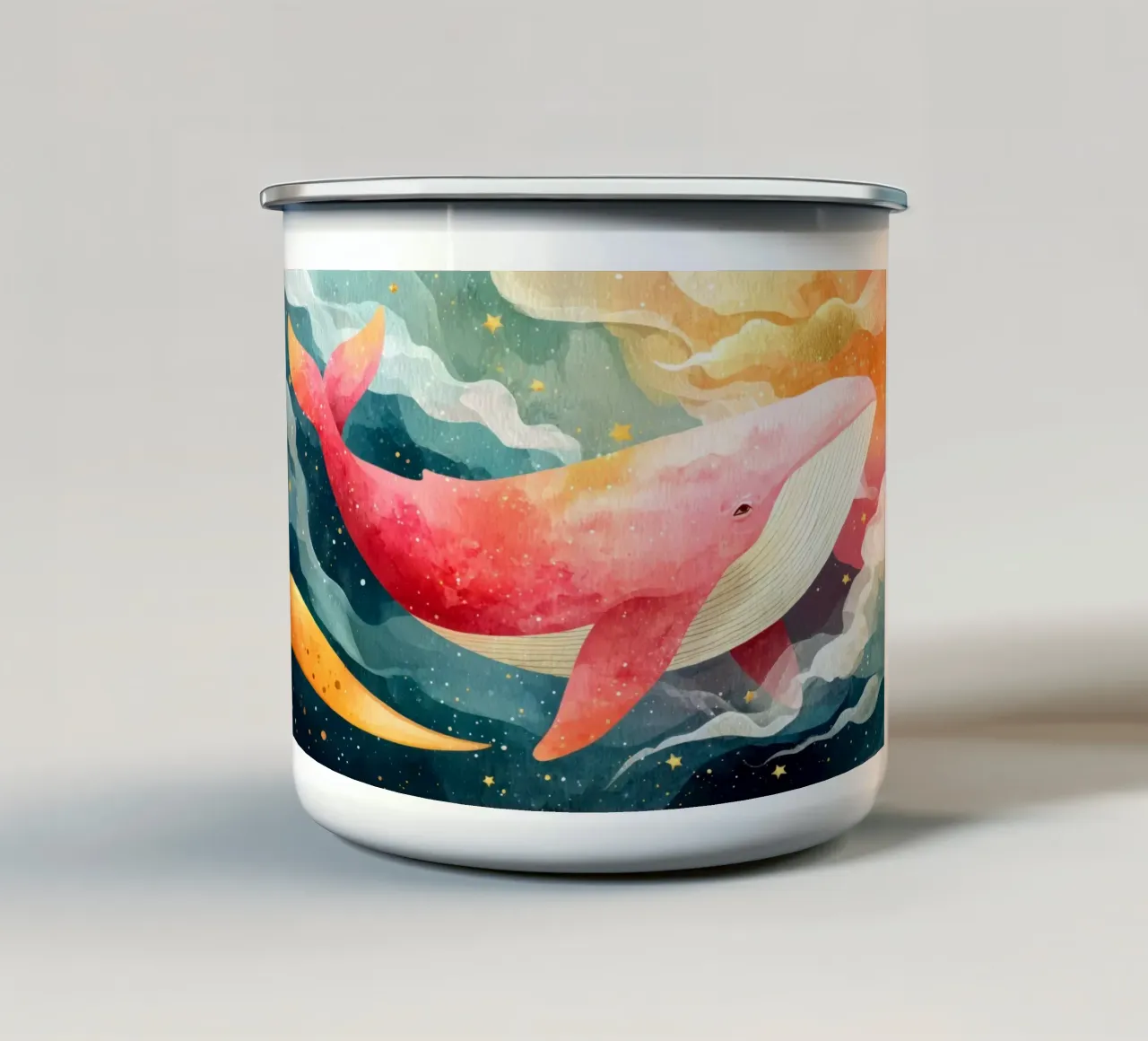 Baleine rose rêveuse flottant dans un ciel étoilé mug en émail de Modern Muse