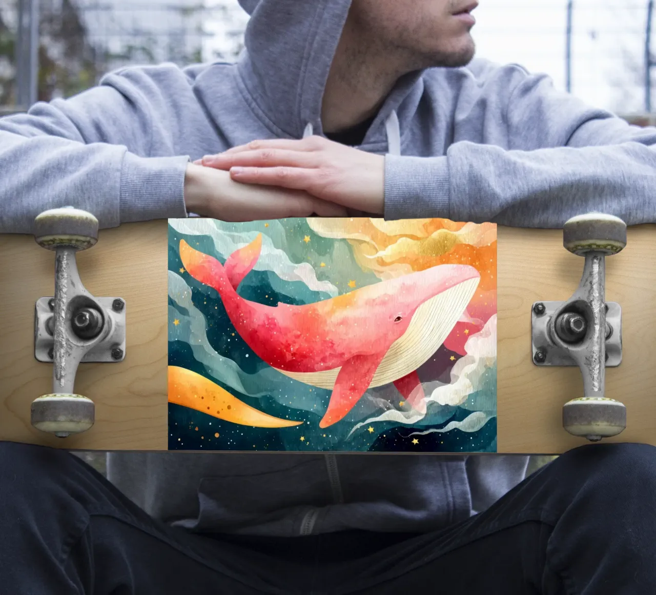 Baleine rose rêveuse flottant dans un ciel étoilé autocollant de Modern Muse