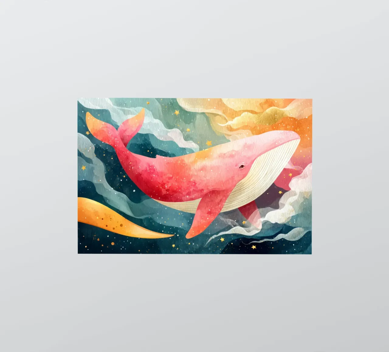 Baleine rose rêveuse flottant dans un ciel étoilé autocollant de Modern Muse