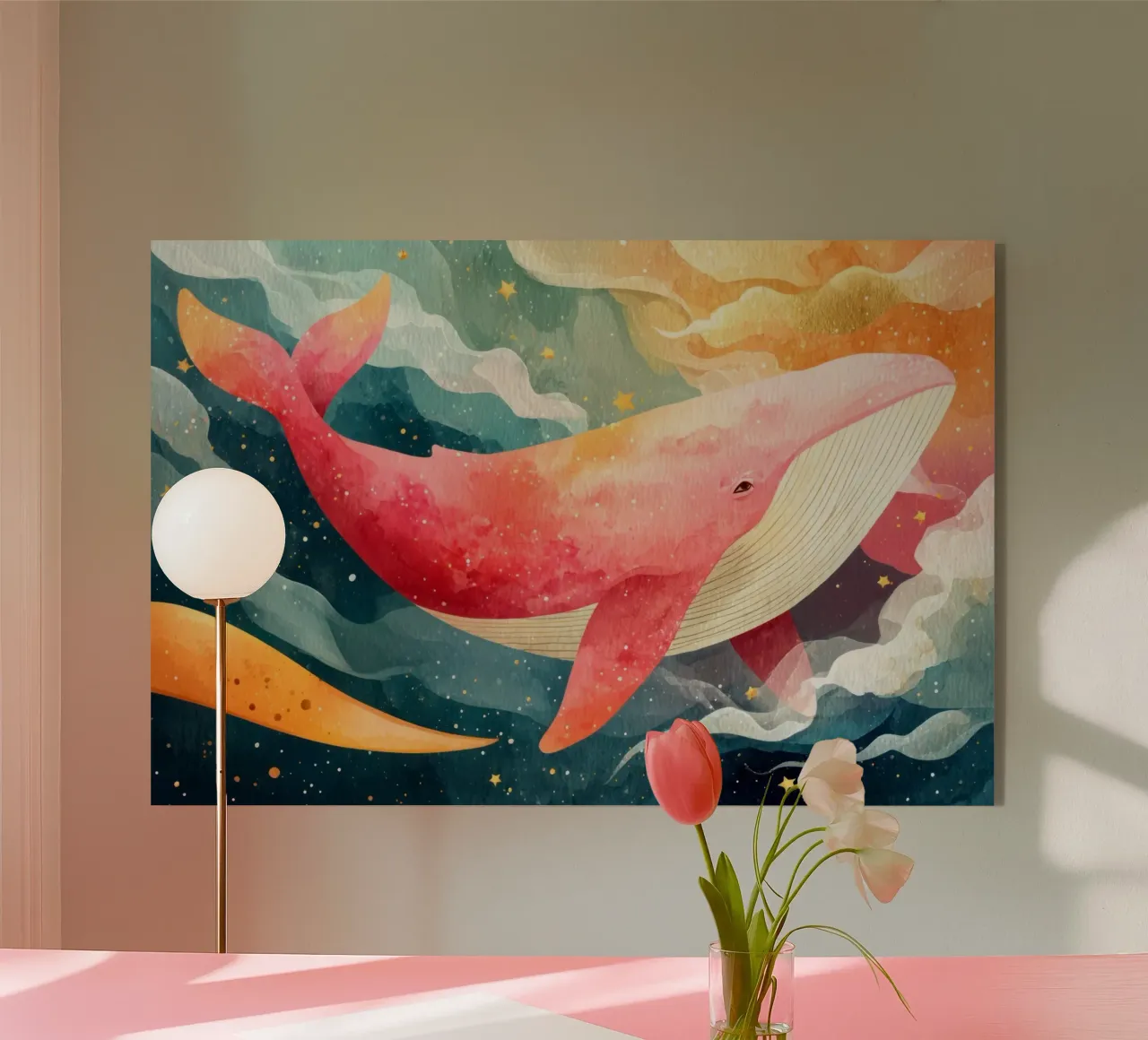 Baleine rose rêveuse flottant dans un ciel étoilé plexiglas de Modern Muse