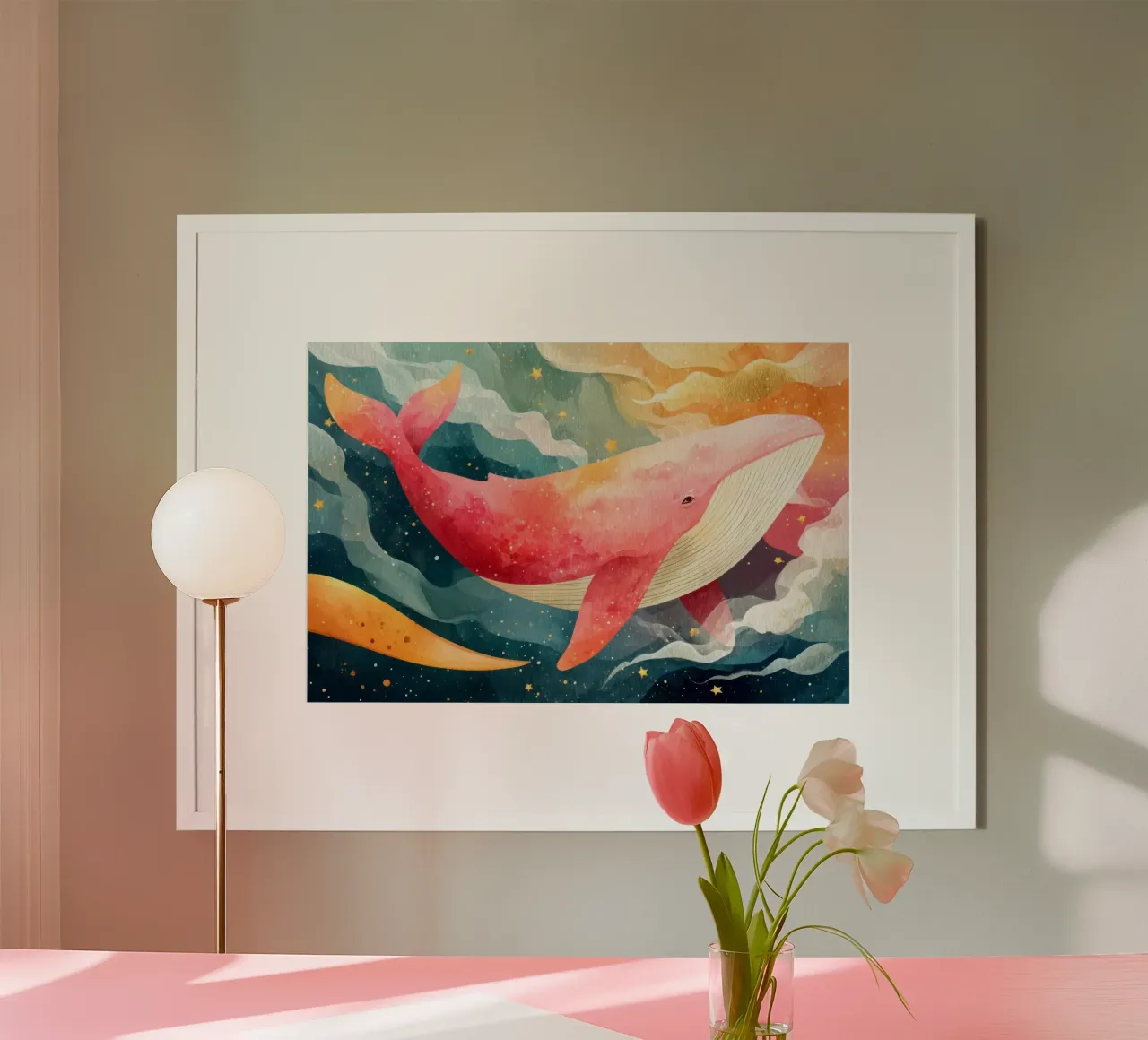 Verträumter rosa Wal, der durch einen sternenklaren Nachthimmel schwebt Poster von Modern Muse