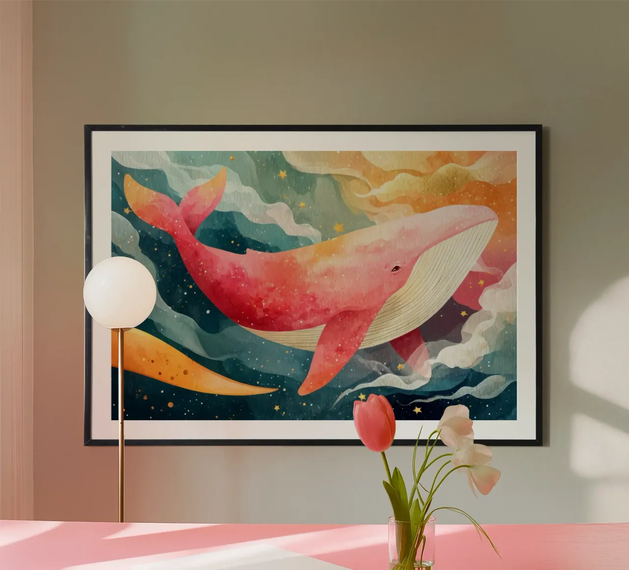 Verträumter rosa Wal, der durch einen sternenklaren Nachthimmel schwebt Poster von Modern Muse