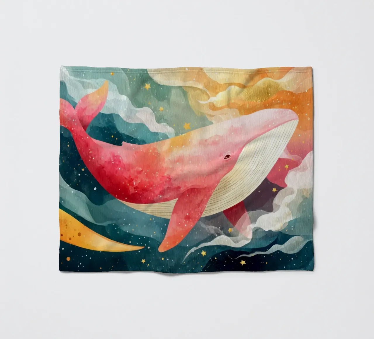 Dreamy Pink Whale Floating Through a Starry Night Sky fleece blanket by Modern Muse