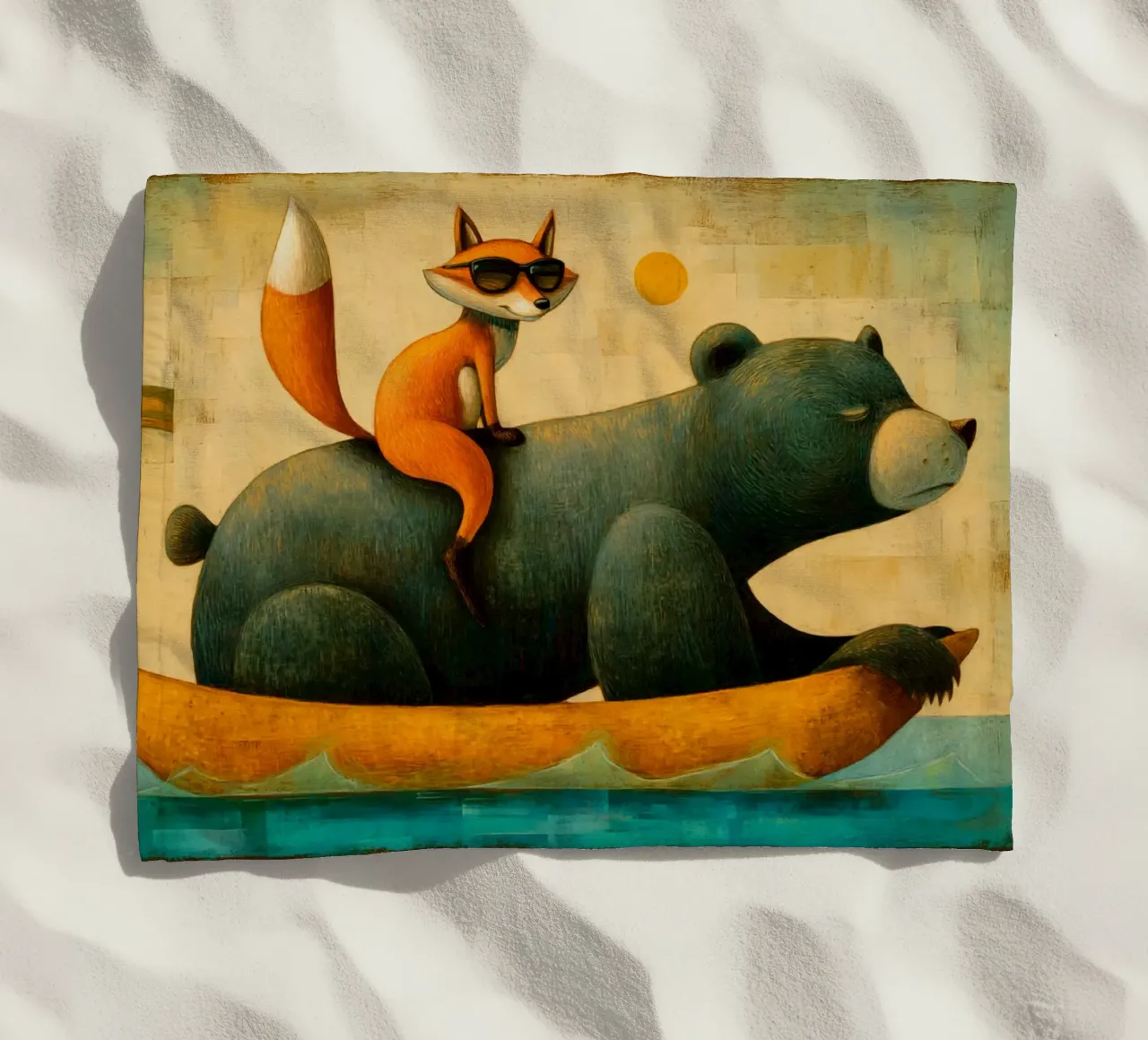 Whimsical Fox and Bear Journey in a Surreal Sunny World beach towel by Modern Muse