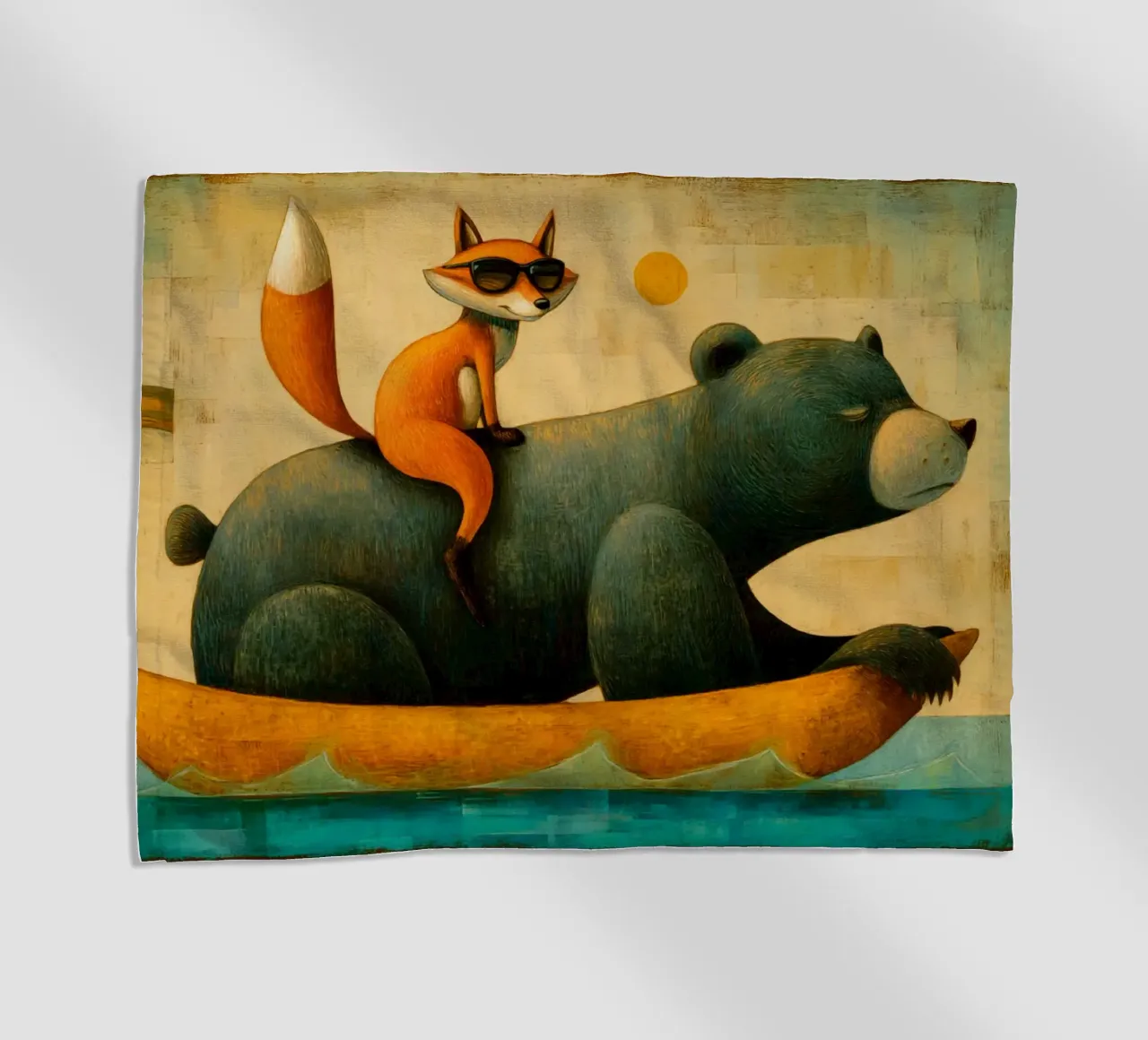 Whimsical Fox and Bear Journey in a Surreal Sunny World beach towel by Modern Muse