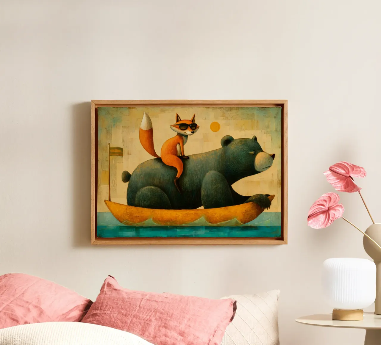 Skurrile Reise von Fuchs und Bär in einer surrealen, sonnigen Welt Leinwand mit Schattenfugenrahmen von Modern Muse