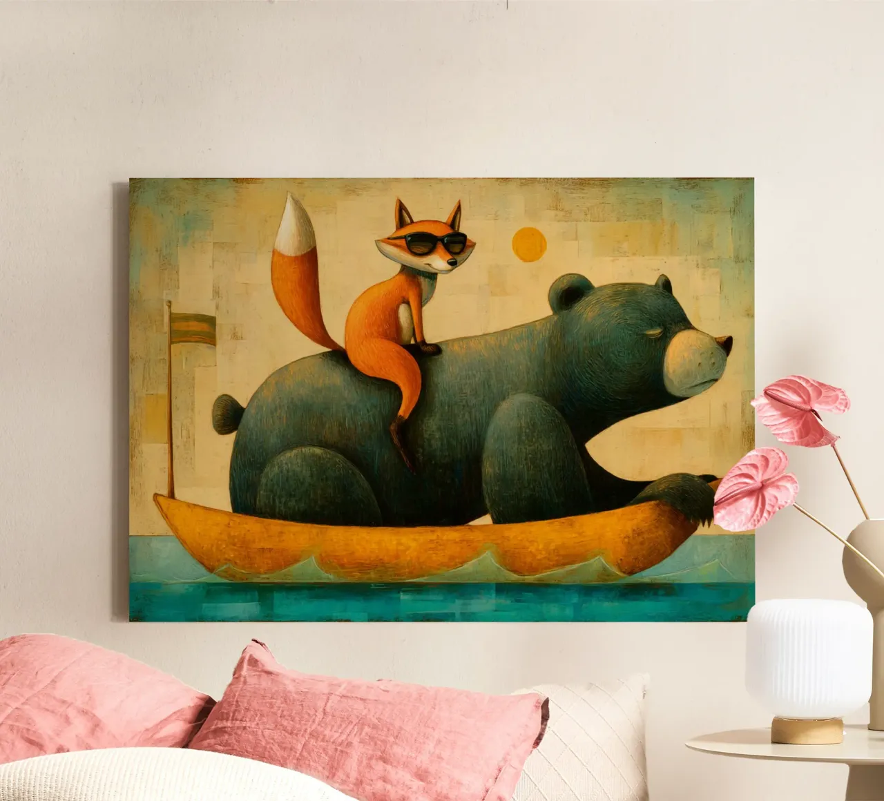 Skurrile Reise von Fuchs und Bär in einer surrealen, sonnigen Welt Leinwand mit Schattenfugenrahmen von Modern Muse
